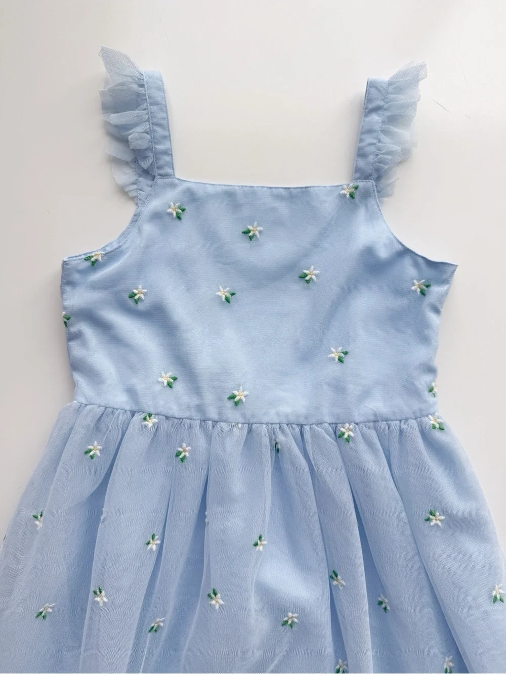 Mini Boden Back Bow Blue Tulle Dress with Embroidered Flowers size 8/9